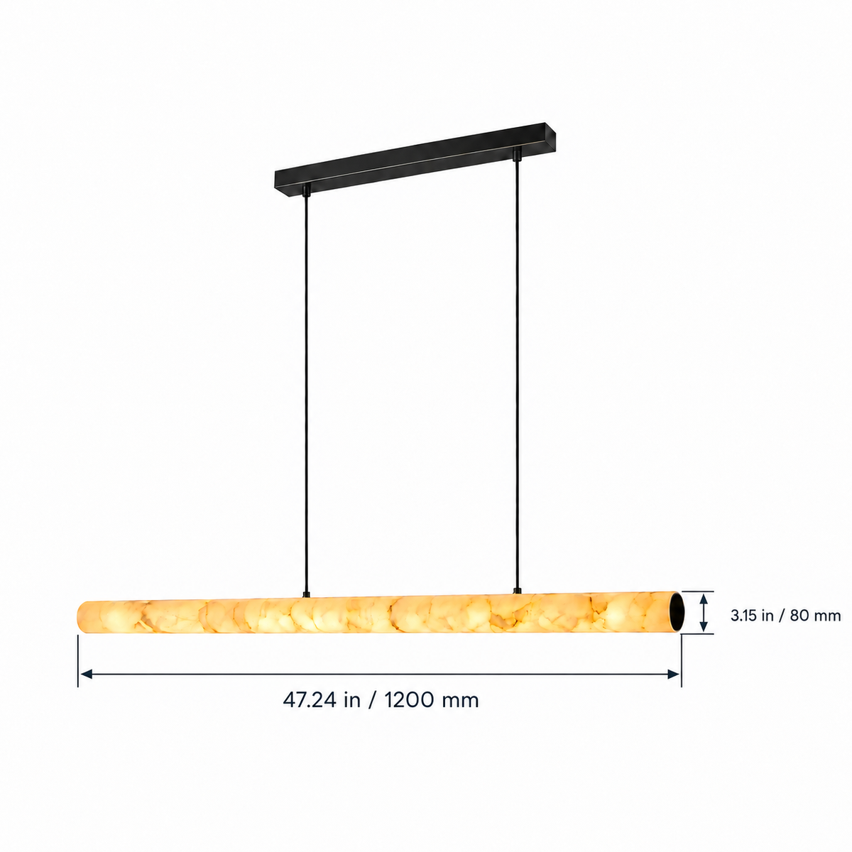 Aurelia alabaster pendant shade dimensions: 1200 mm length, 80 mm diameter, labeled in inches and millimeters