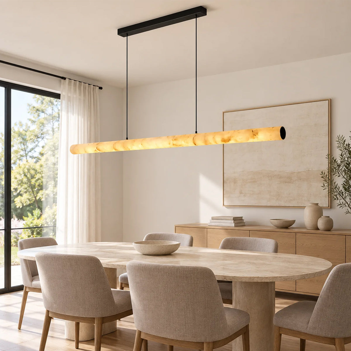 Aurelia linear alabaster pendant with black suspension above an oval dining table in a neutral dining room