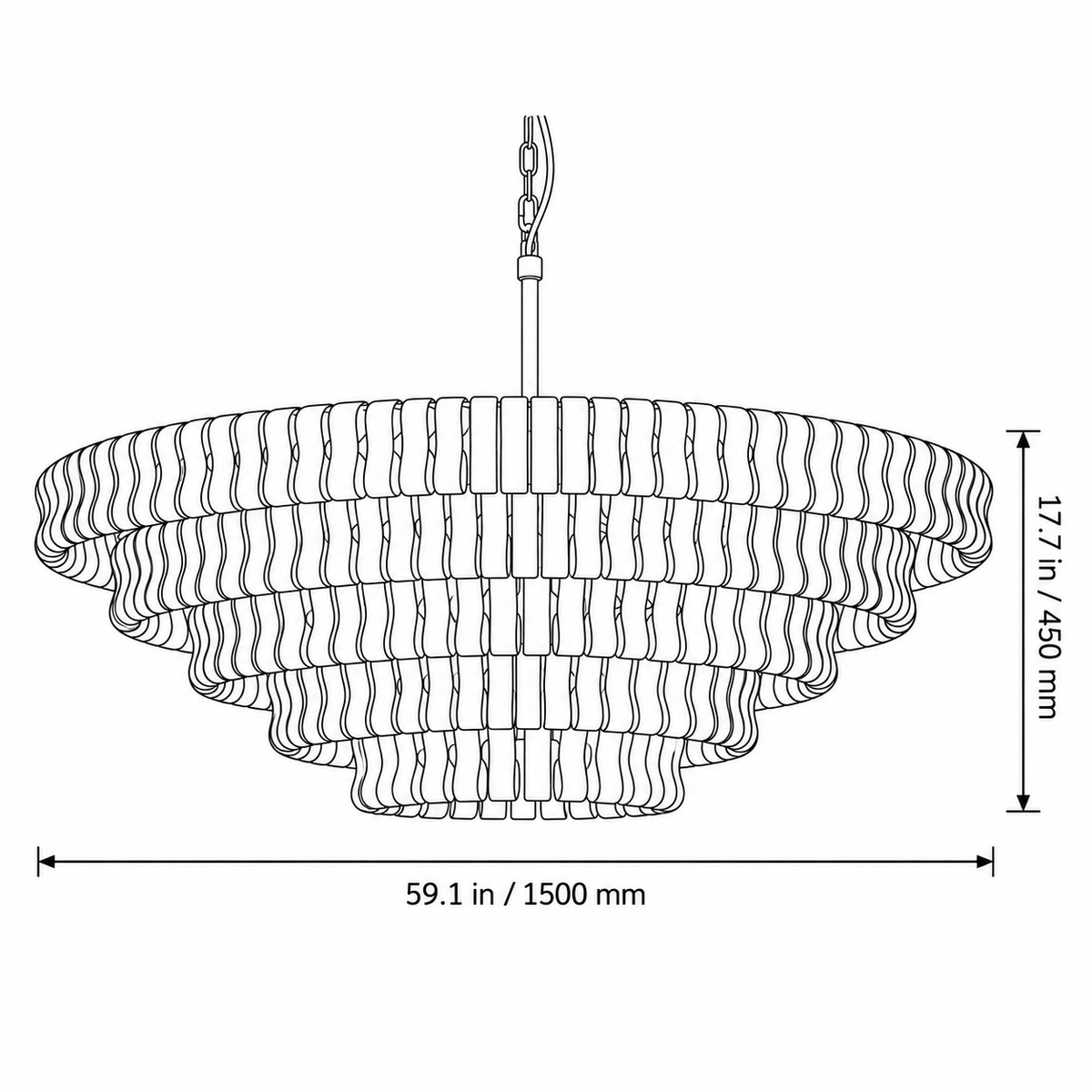 Cascata chandelier black line dimension drawing, 1500 mm diameter and 450 mm body height, excluding suspension