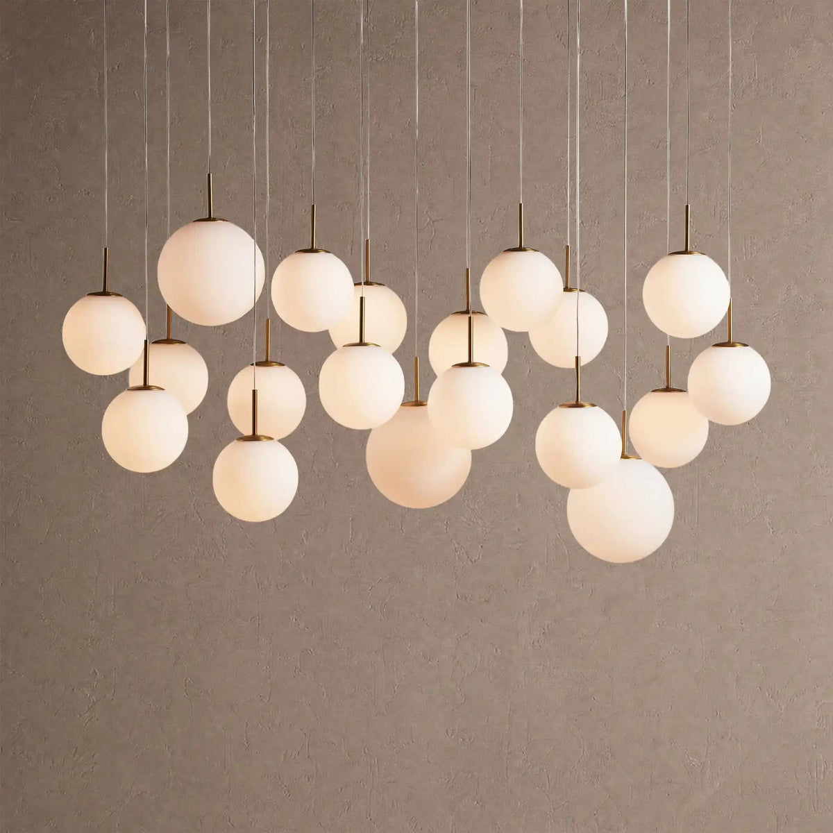 Casens glass globe linear chandelier 65" 19-Light / Matte Opal