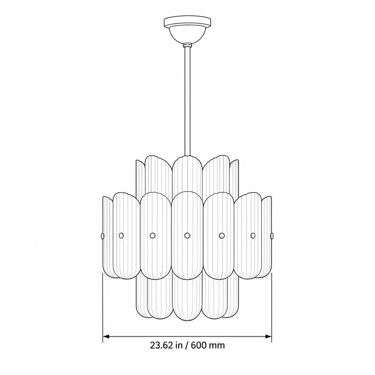 Dimensions of fluted white glass round 600 light in inches and millimeters