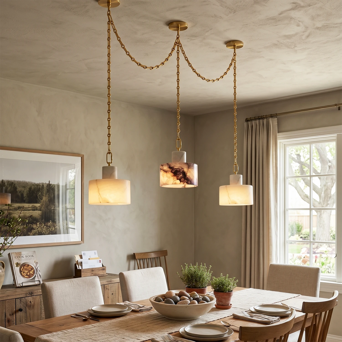 Alabaster Cylindrical Cluster Chain Chandelier