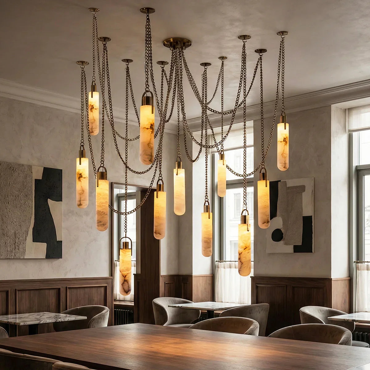 Alabaster Cylindrical Draped Chain Chandelier