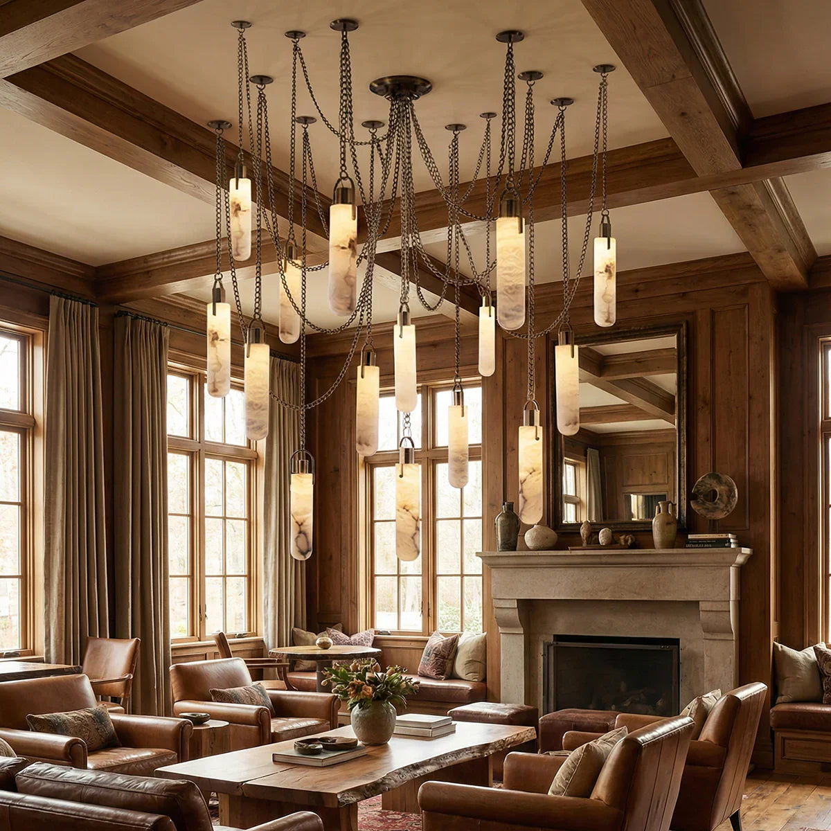 Alabaster Cylindrical Draped Chain Chandelier