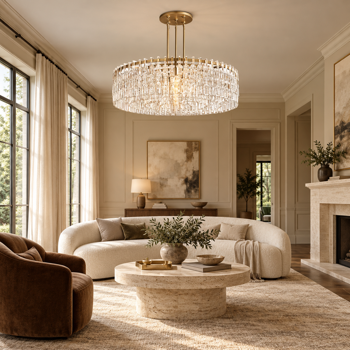 Marigana brass crystal chain chandelier in elegant ivory living room lifestyle