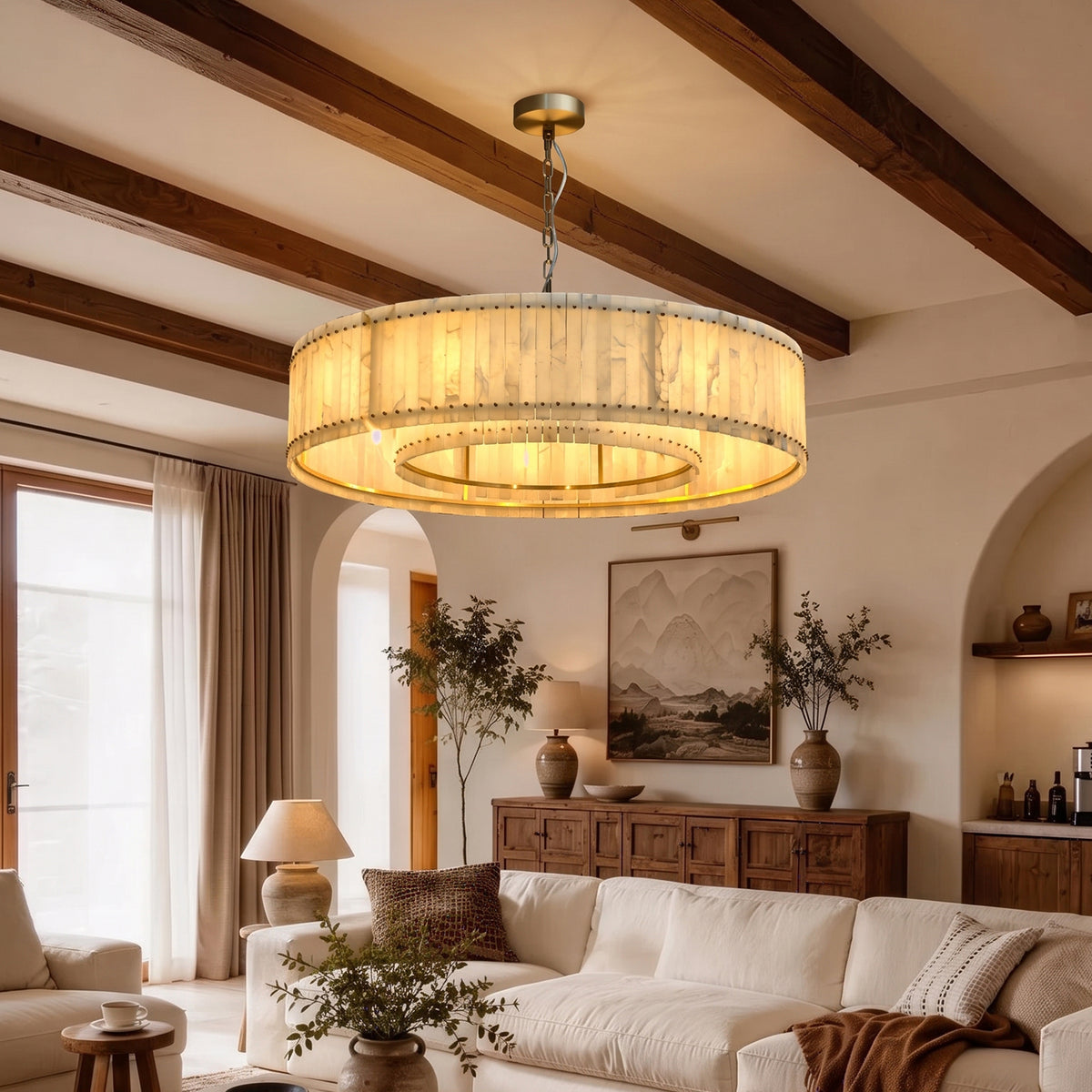 Alabaster drum chandelier in a warm living room