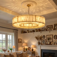 Alabaster drum chandelier in a traditional living room