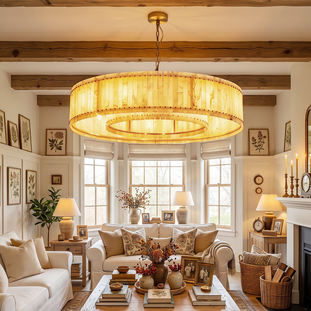 Alabaster drum chandelier in a bright living room