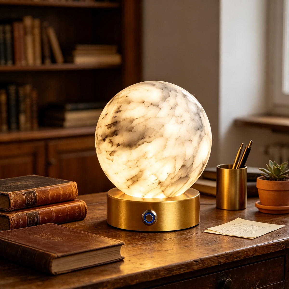 Alabaster globe lamp with gold-tone base on a wood desk