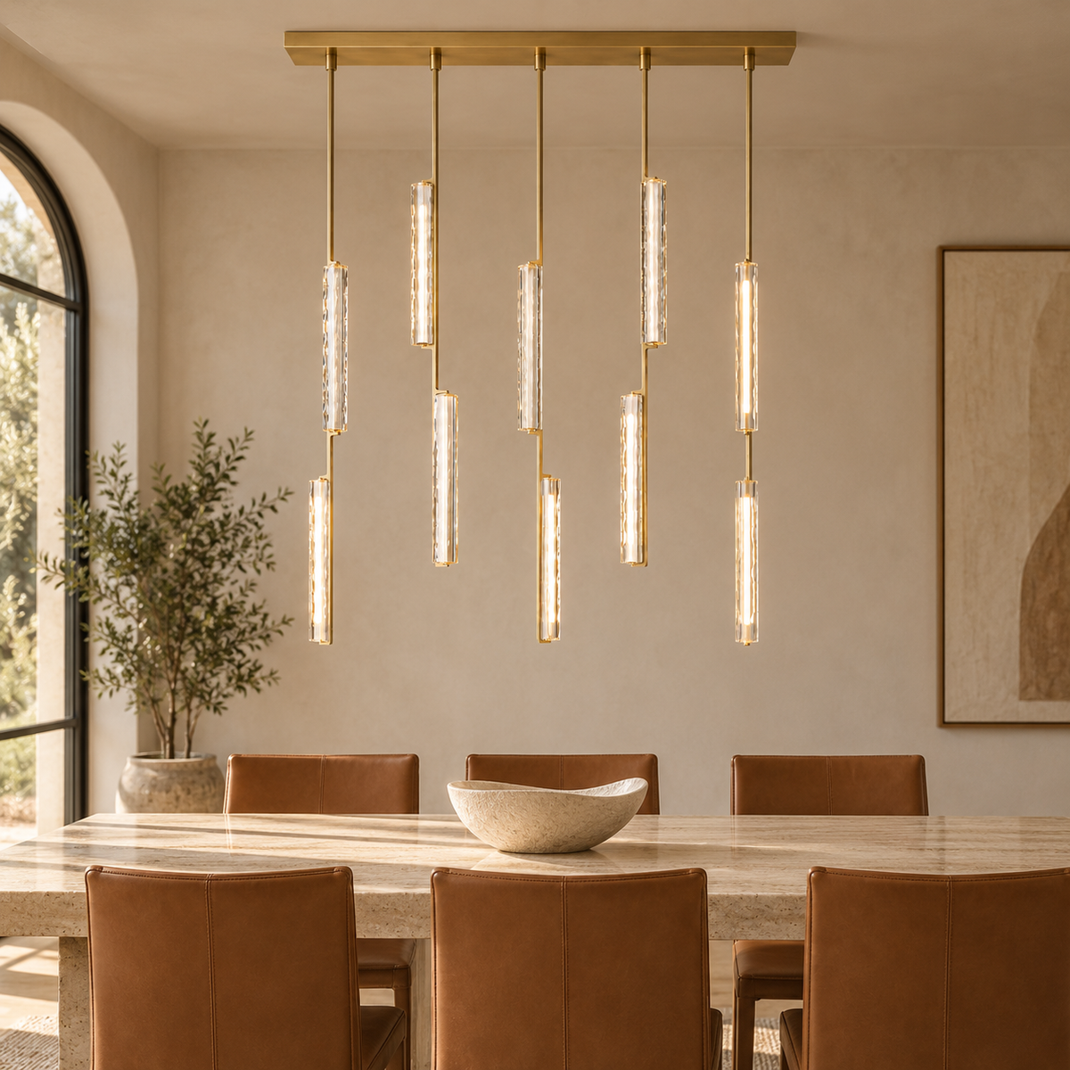 Audubor Brass chandelier above a travertine dining table
