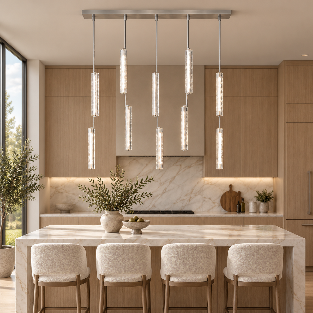Audubor Nickel chandelier above a marble kitchen island
