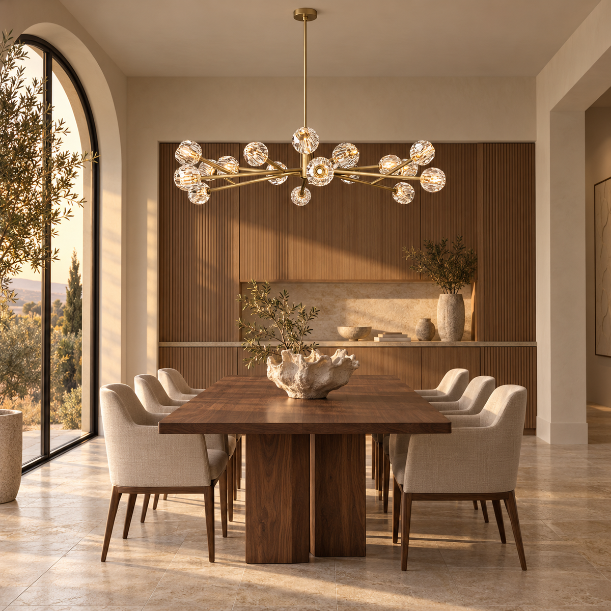 Boule de Cristal chandelier in warm dining room lifestyle