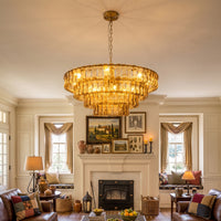 Brass finish glass chandelier styled in a classic living room