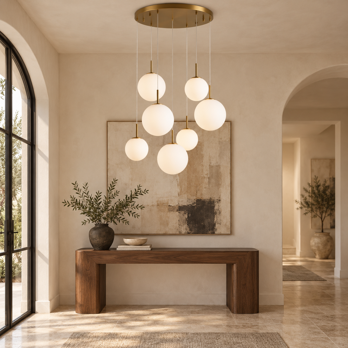 Casens 7-light Matte Opal chandelier in a neutral entryway
