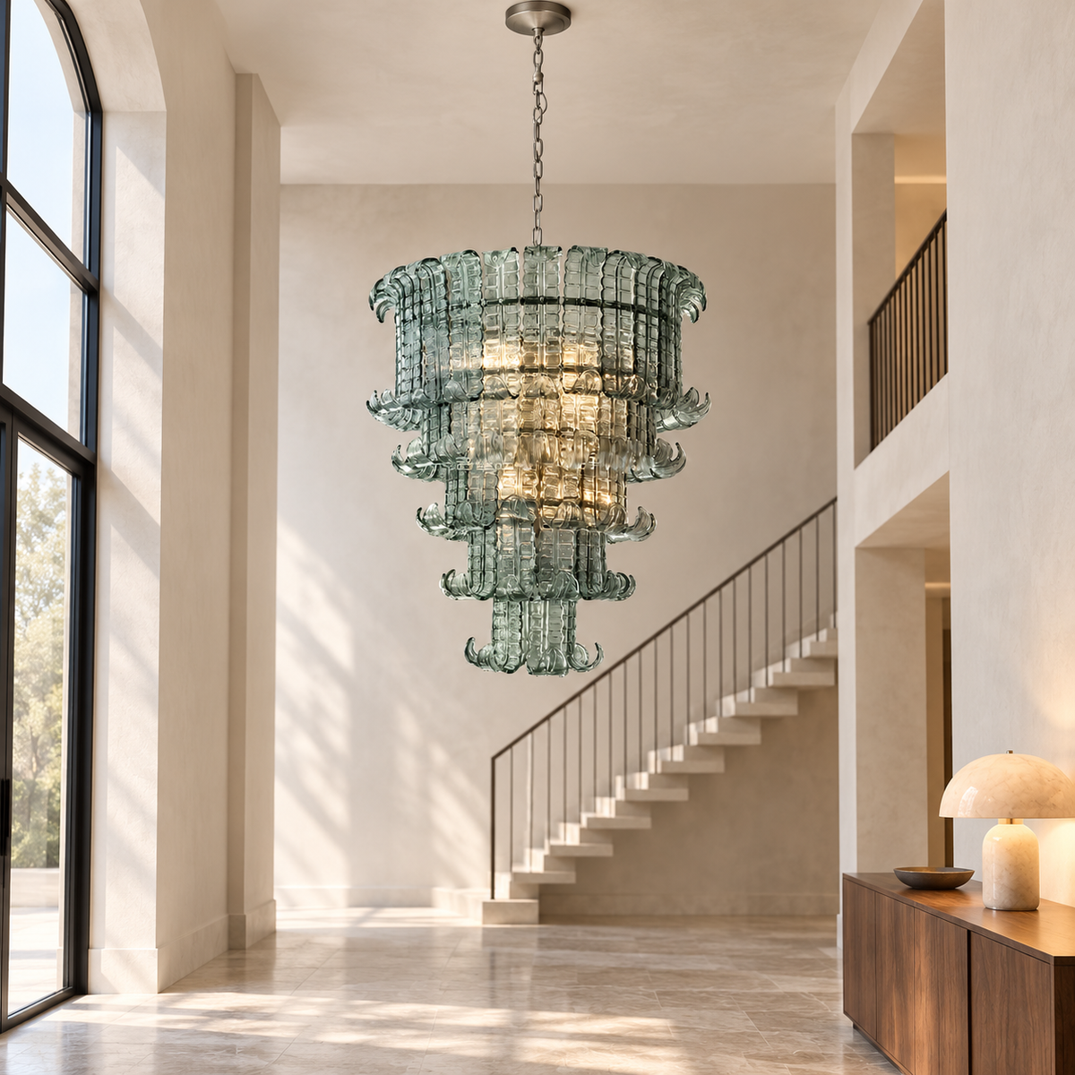 Celestine five-tier glass chandelier in a bright modern entryway
