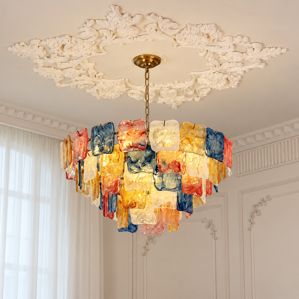 Celestine Gold multicolor glass chandelier lifestyle view with complete chain and canopy