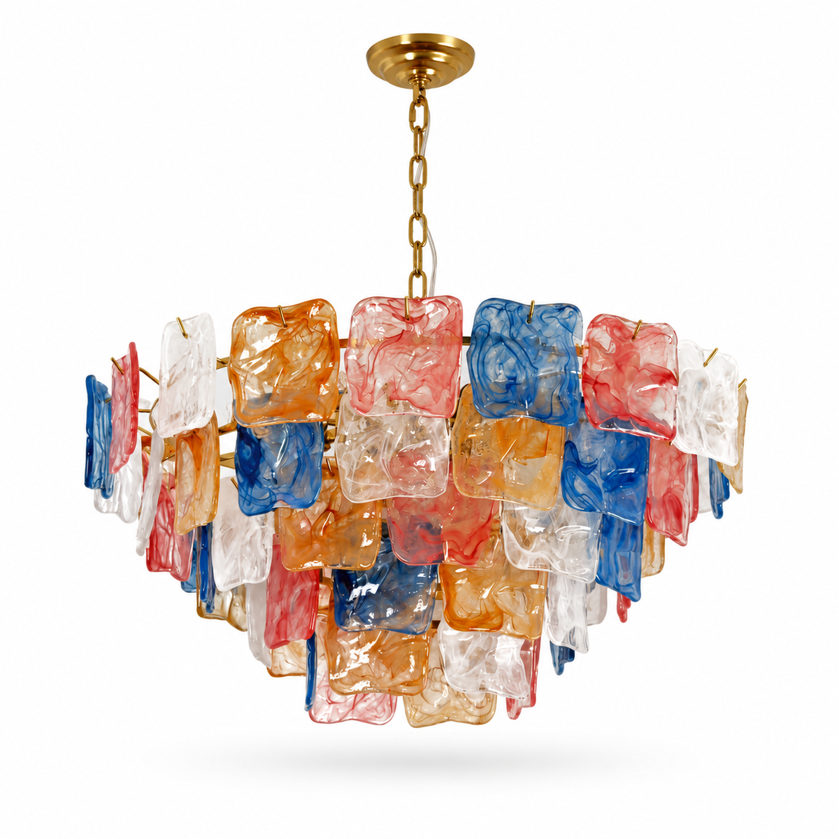 Celestine layered multicolor glass chandelier with Gold frame on white background