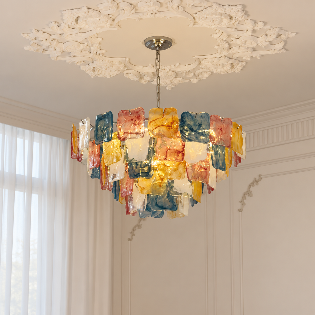 Celestine Silver multicolor glass chandelier lifestyle view with complete chain and canopy