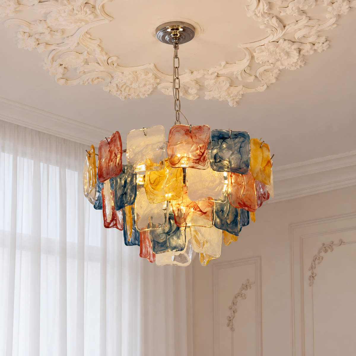 Celestine Silver glass chandelier lifestyle view in a classic interior