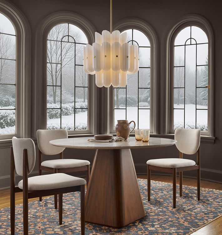 Fluted White Glass Round Chandelier — small size, lifestyle view 3 with fluted white glass and plated metal accents