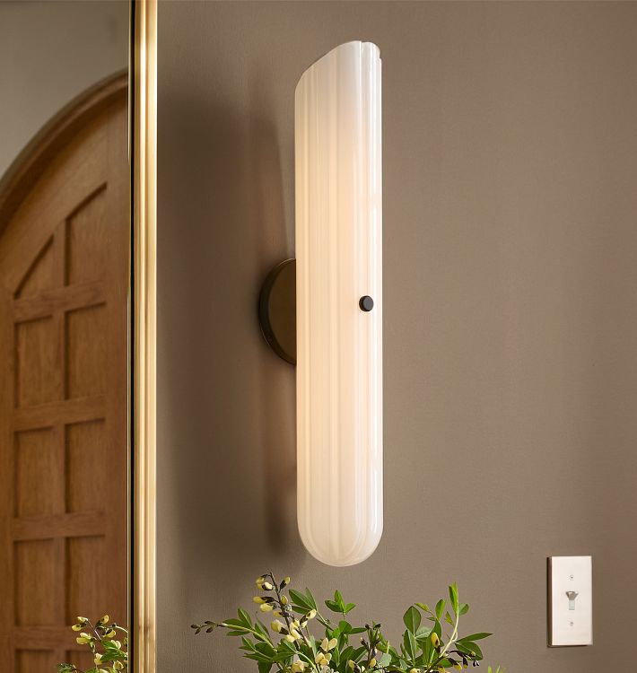 Fluted White Glass Wall Sconce — lifestyle view 1 with fluted white glass and plated metal accents