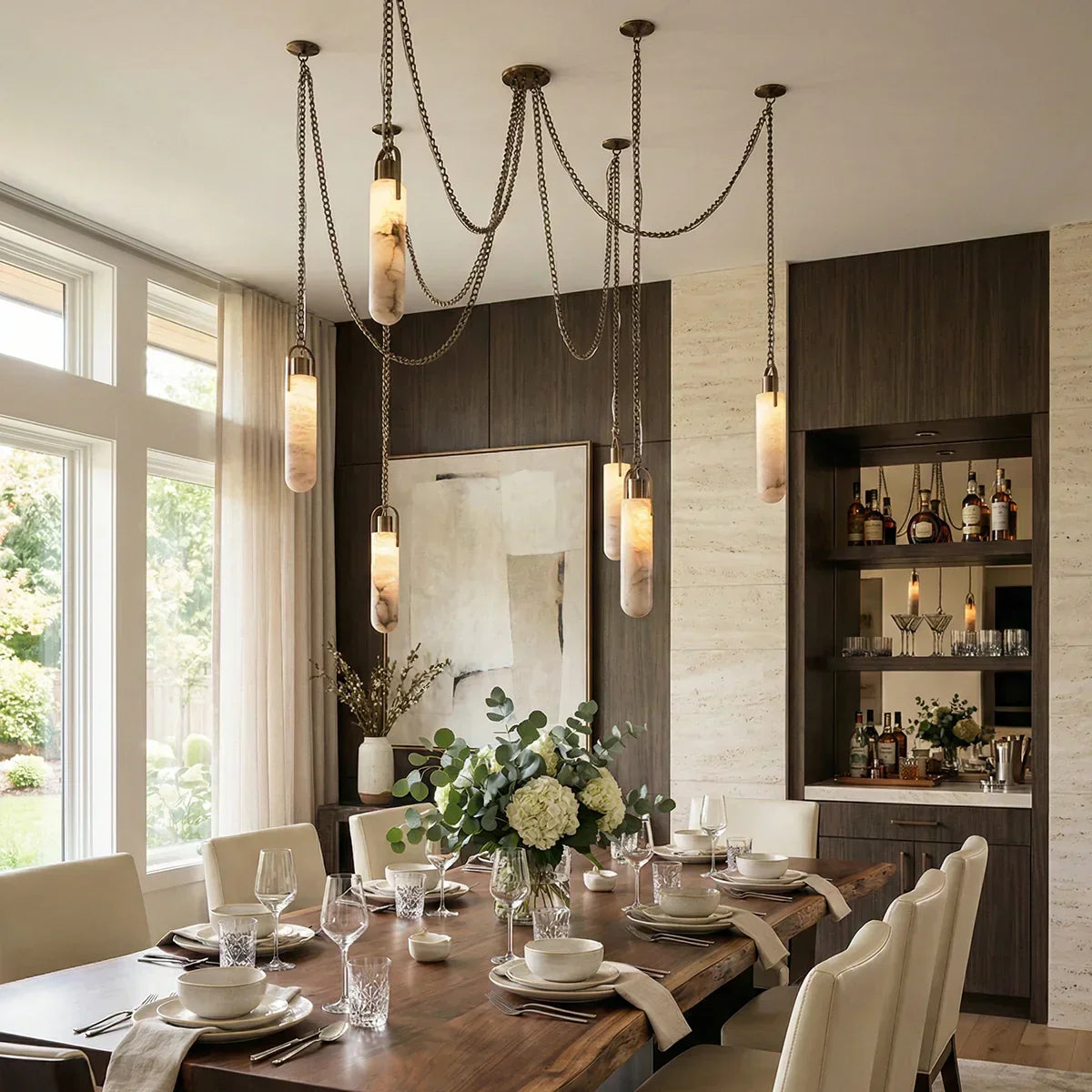 Alabaster Cylindrical Draped Chain Chandelier