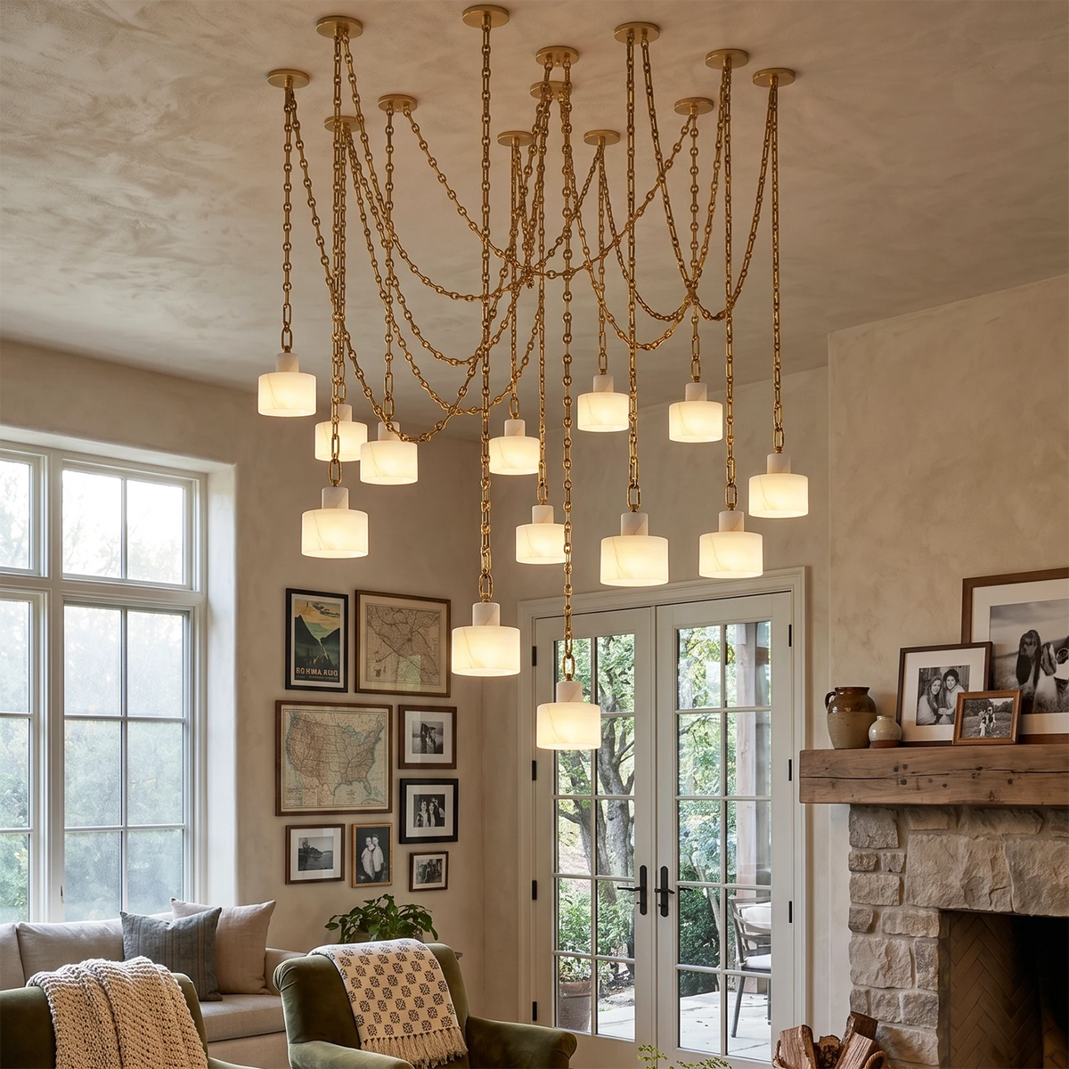 Alabaster Cylindrical Cluster Chain Chandelier