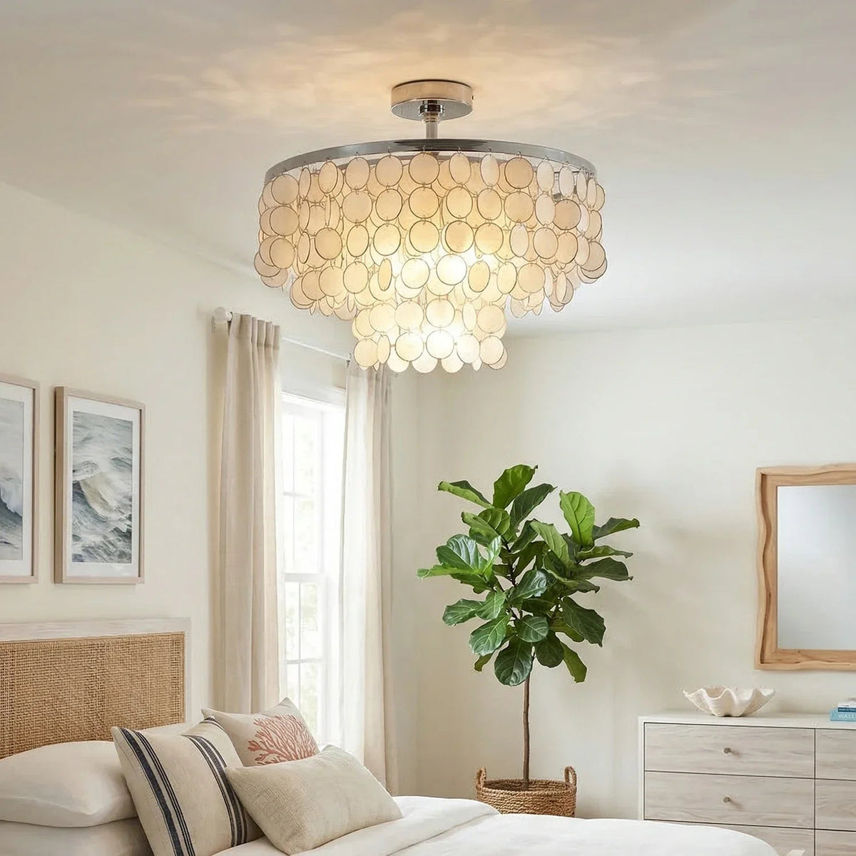 Chrome Natural Capiz Shell Disc Ceiling Light