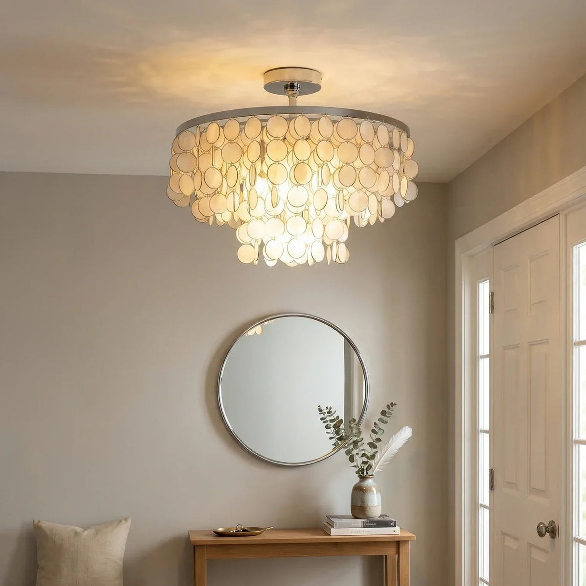 Chrome Natural Capiz Shell Disc Ceiling Light
