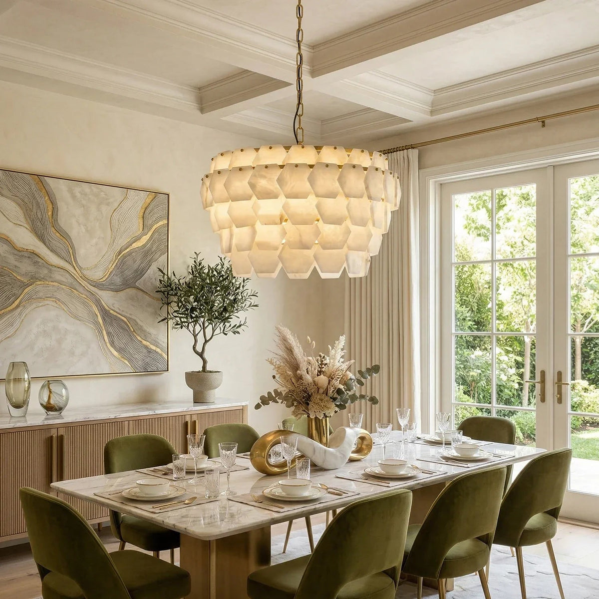 Hexagonal Layered Alabaster Chandelier
