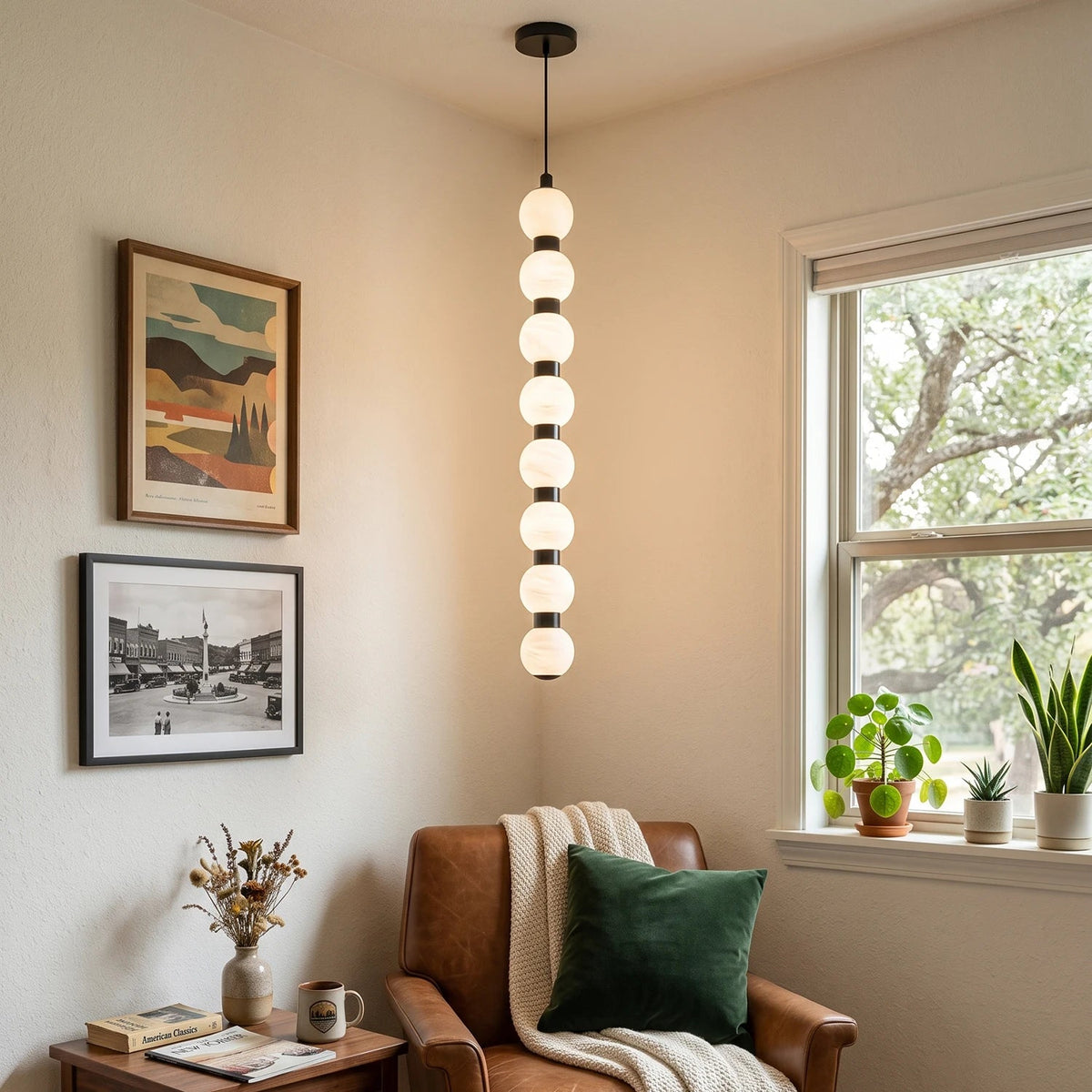 Linear Orbique Alabaster Bead Pendant Light