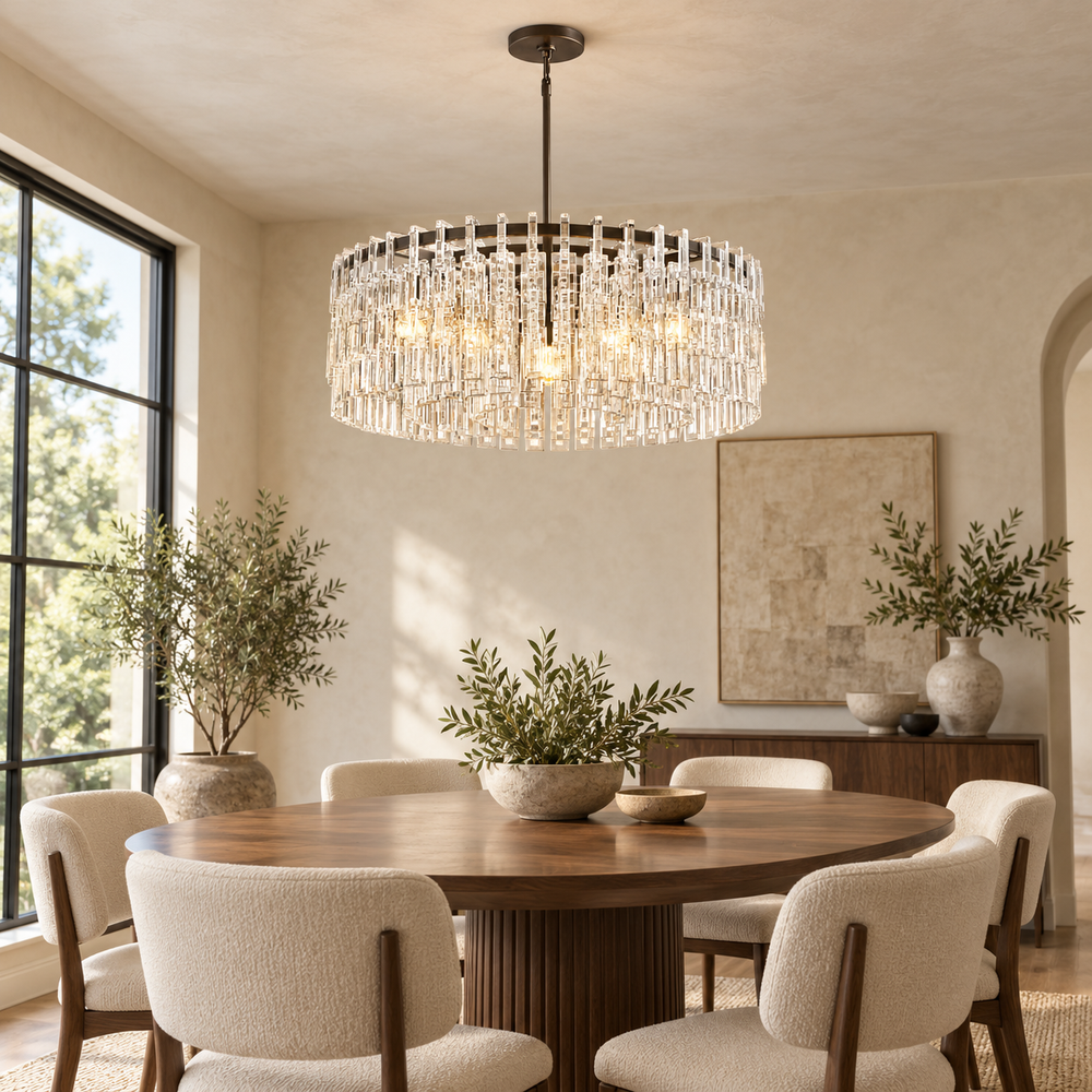 Marigana bronze crystal chain chandelier in warm contemporary dining room lifestyle