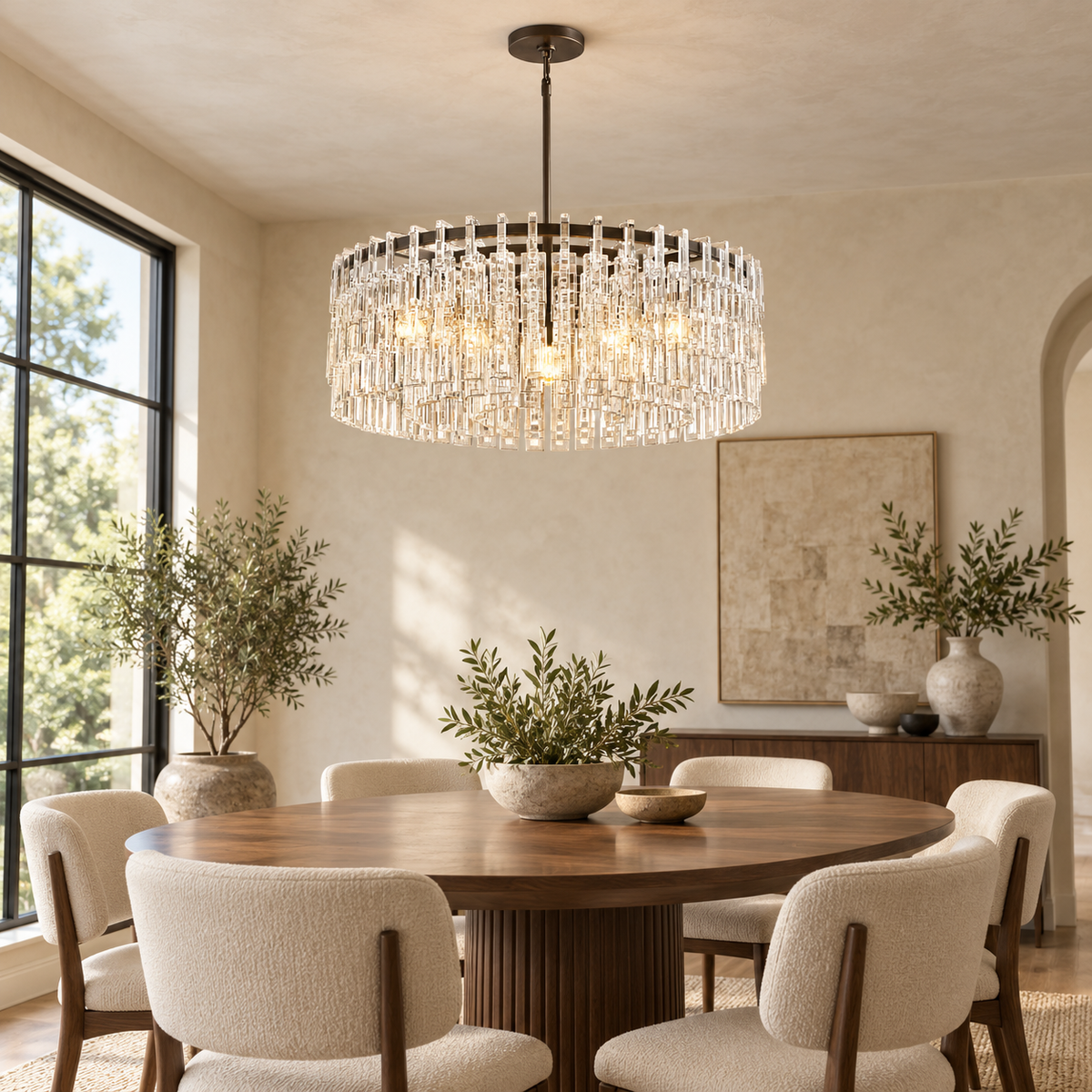 Marigana bronze crystal chain chandelier in warm contemporary dining room lifestyle