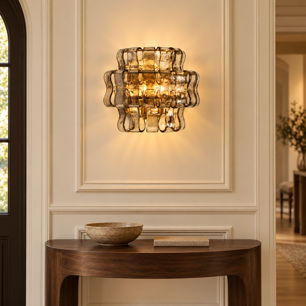 Ondelle Smoke Gray glass wall sconce in an elegant entryway