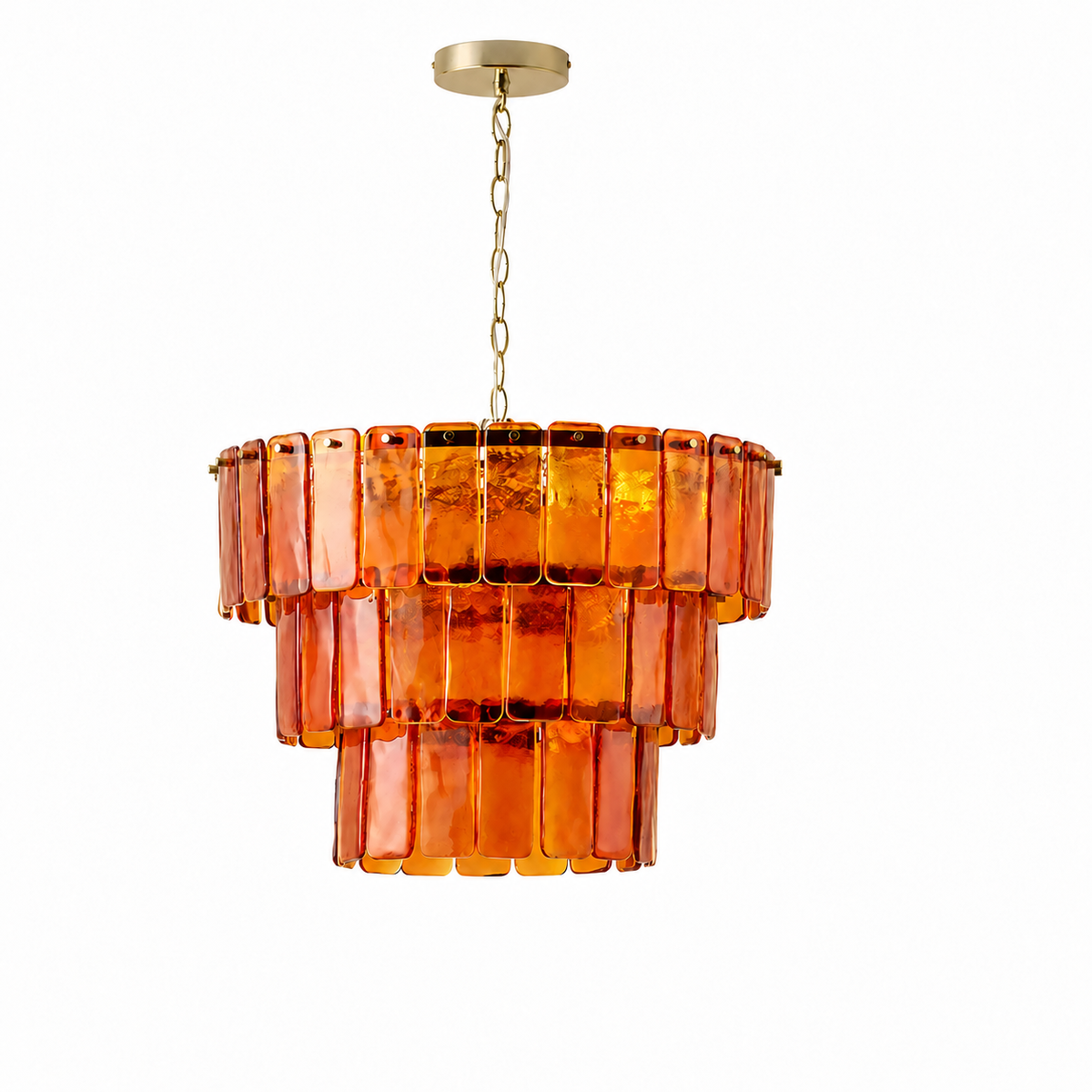 Solenne Ember amber glass chandelier, three tiers, white background