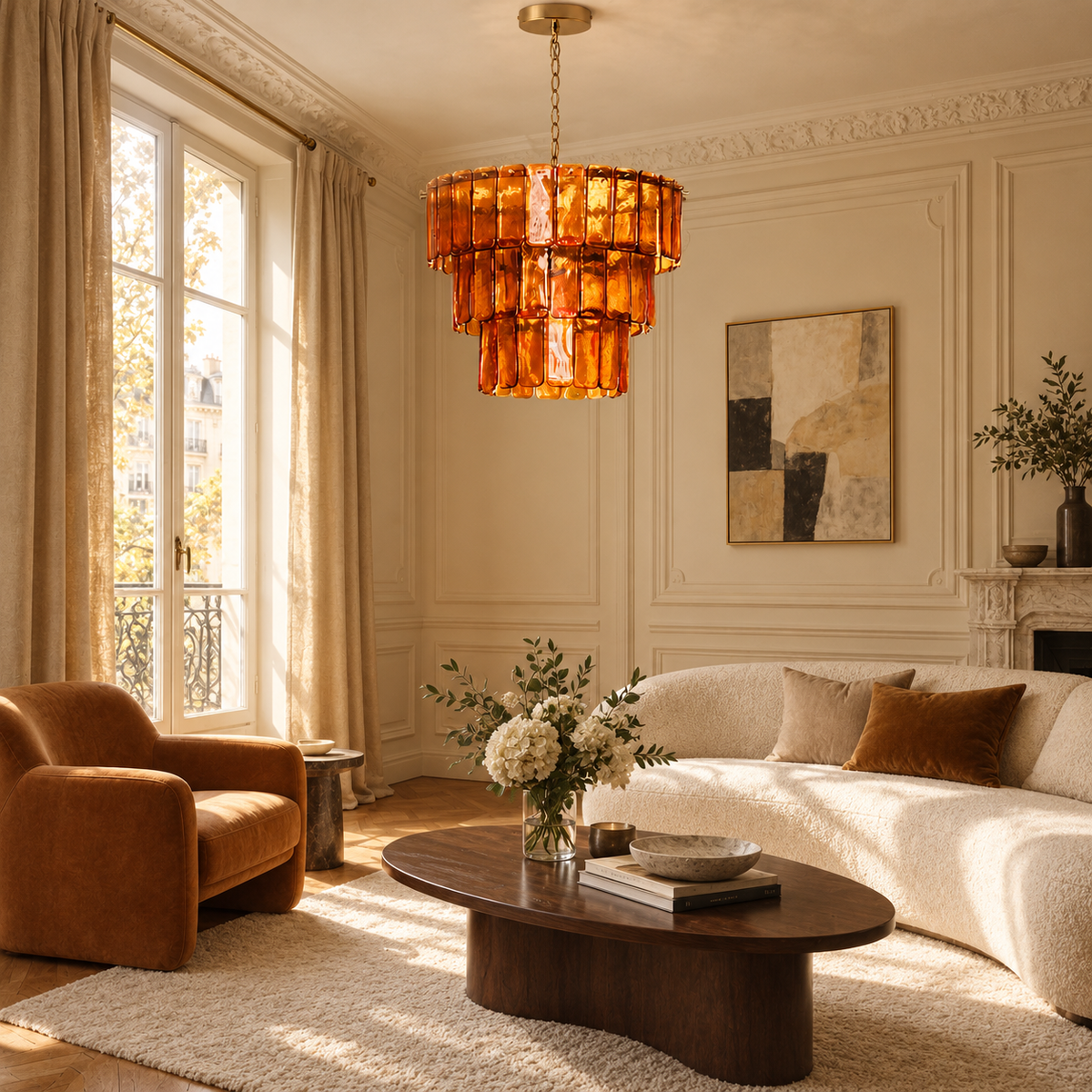 Solenne Ember amber glass chandelier in a warm classic living room